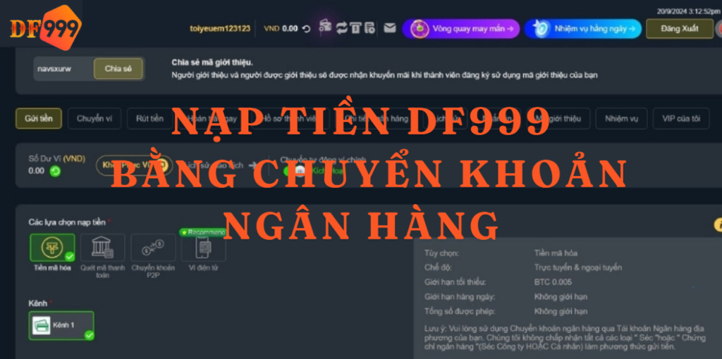 Nạp tiền DF999 theo hình thức chuyển khoản ngân hàng